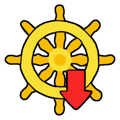  dharma wheel with a red 'down' arrow to the lower right.